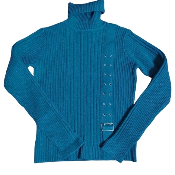 bebe Sweaters - Bebe Womens Sweater Ribbed Turtleneck Vintage Y2K 90s Blue Buckle Metal Studs
